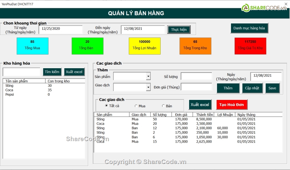 quản lý bán nước VBA,Quản lý bán hàng VBA,Code VBA quản lý bán hàng